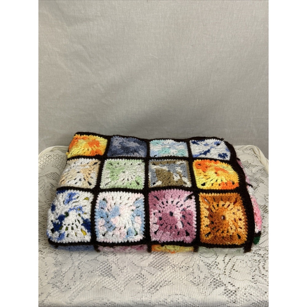 Vintage Hand Crocheted Granny Square Blanket Throw 51x60 Boho Afghan